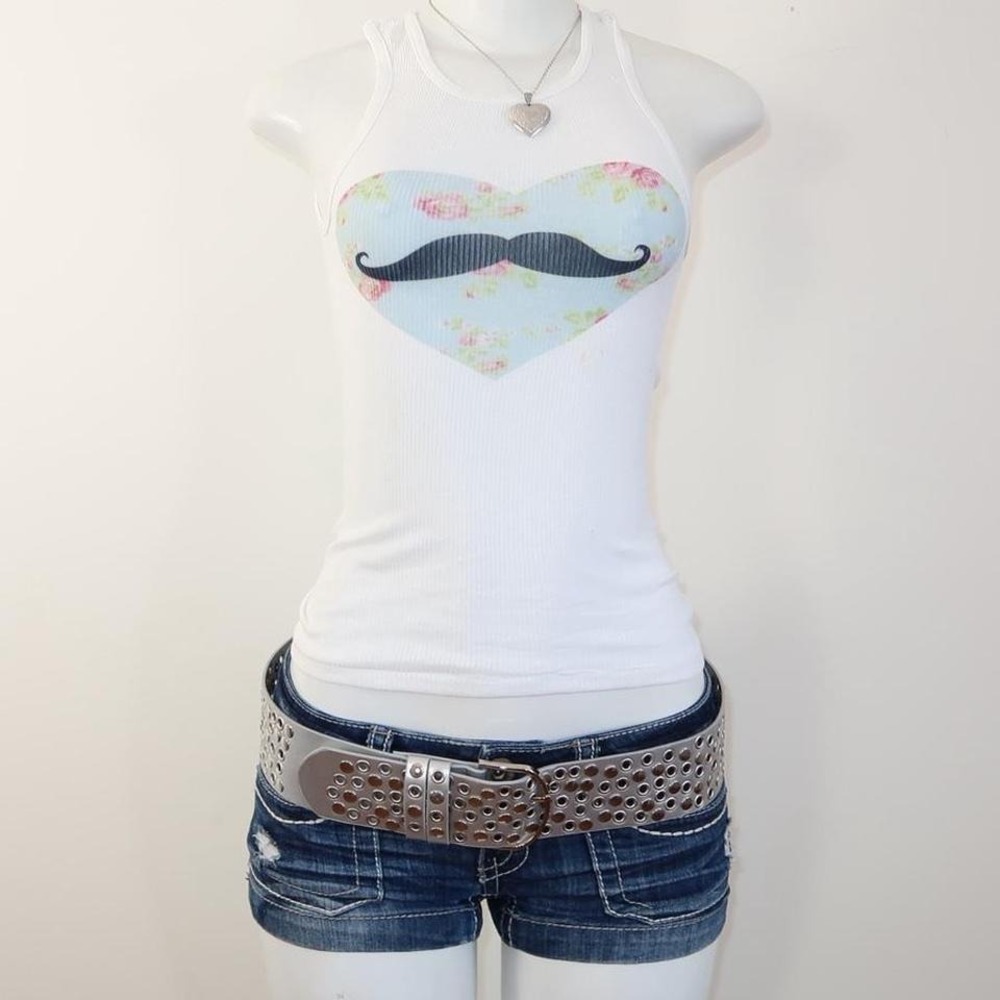 2010s floral mustache heart graphic tank white ribbed tumblr baby tee - Picture 2 of 5